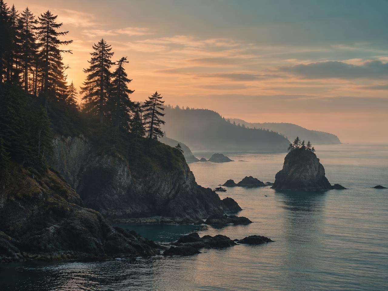 Evergreen headland and sea stack at dawn